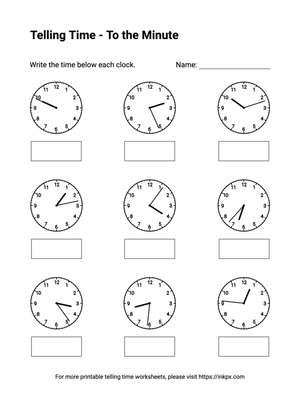 Free Printable To the Minute Telling Time Worksheets #2