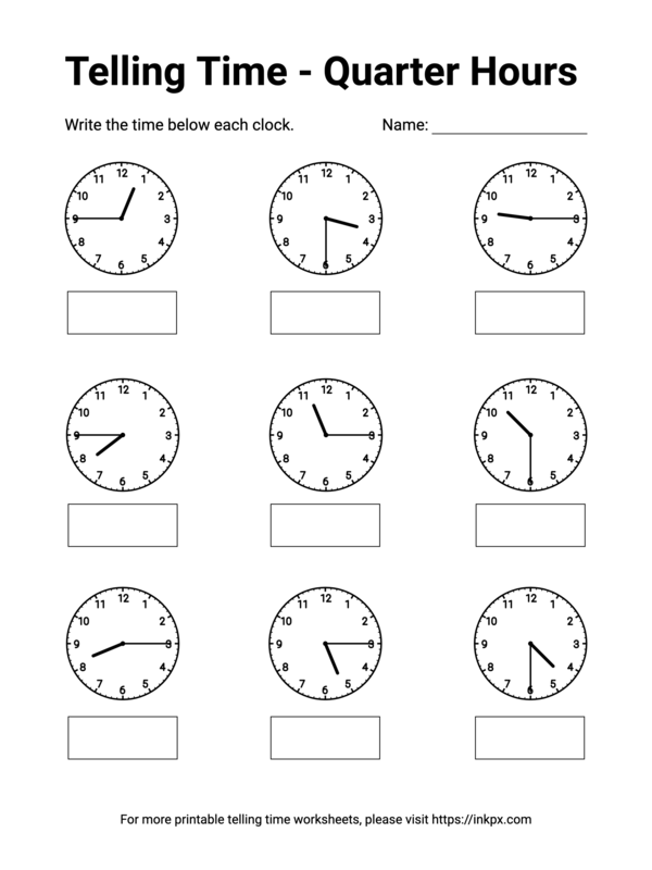 Free Printable Quarter Hours Telling Time Worksheet #3