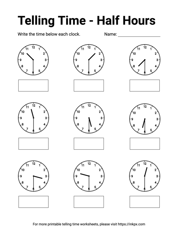 Free Printable Half Hours Telling Time Worksheet #5