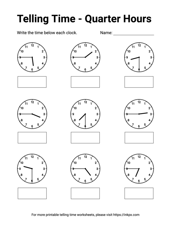 Free Printable Quarter Hours Telling Time Worksheet #4