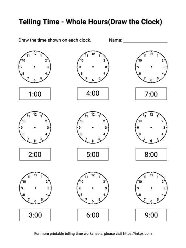 Free Printable Whole Hours(Draw the Clock) Telling Time Worksheets #2