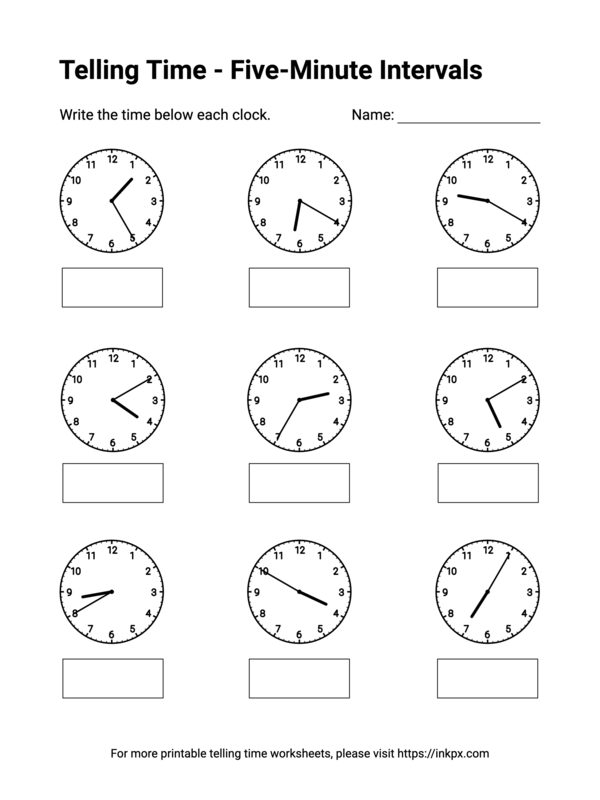 Free Printable Five-Minute Intervals Telling Time Worksheets #2
