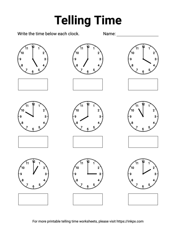 Free Printable Whole Hours Telling Time Worksheet #3