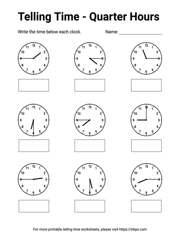 Free Printable Quarter Hours Telling Time Worksheet #2