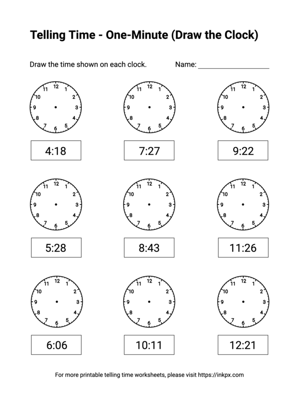 Free Printable One-Minute (Draw the Clock) Telling Time Worksheets #3
