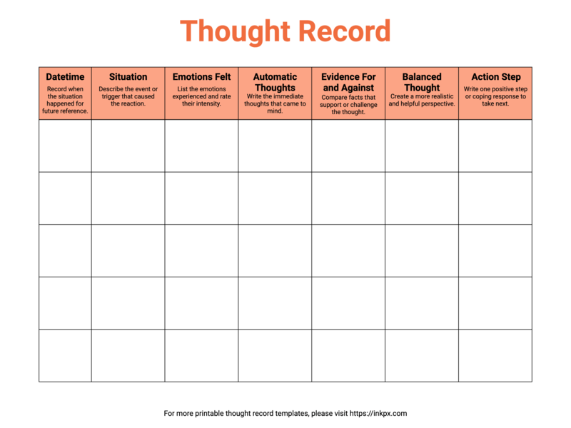 Free Printable Colored Simple Thought Record Template