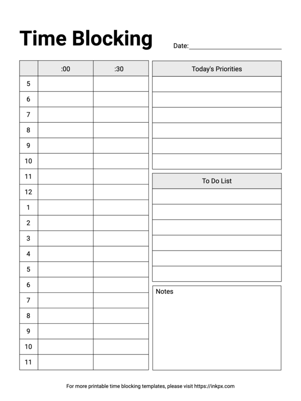 Free Printable Simple Daily Half Hour Time Blocking Planner