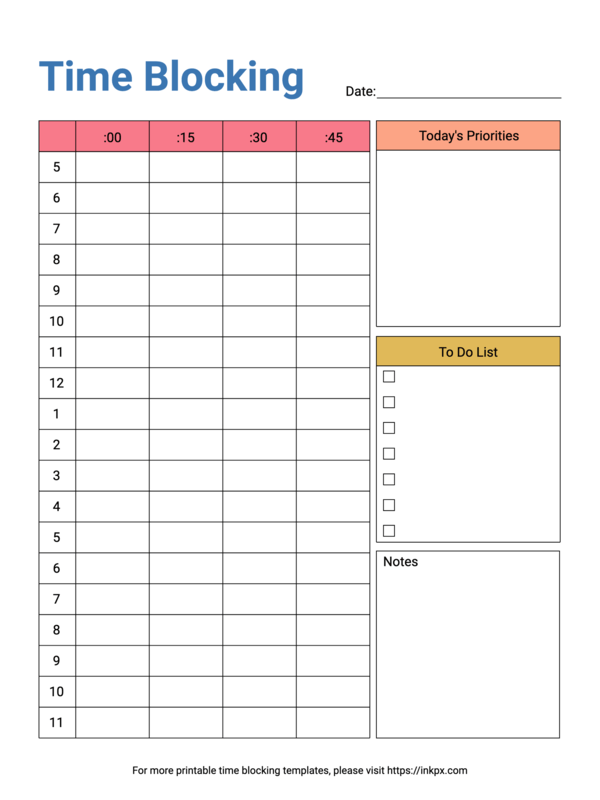 Free Printable Simple Colorful Daily 15 Minutes Time Blocking Planner