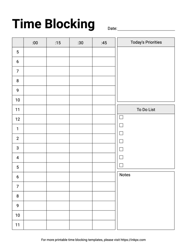 Free Printable Simple Daily 15 Minutes Time Blocking Planner