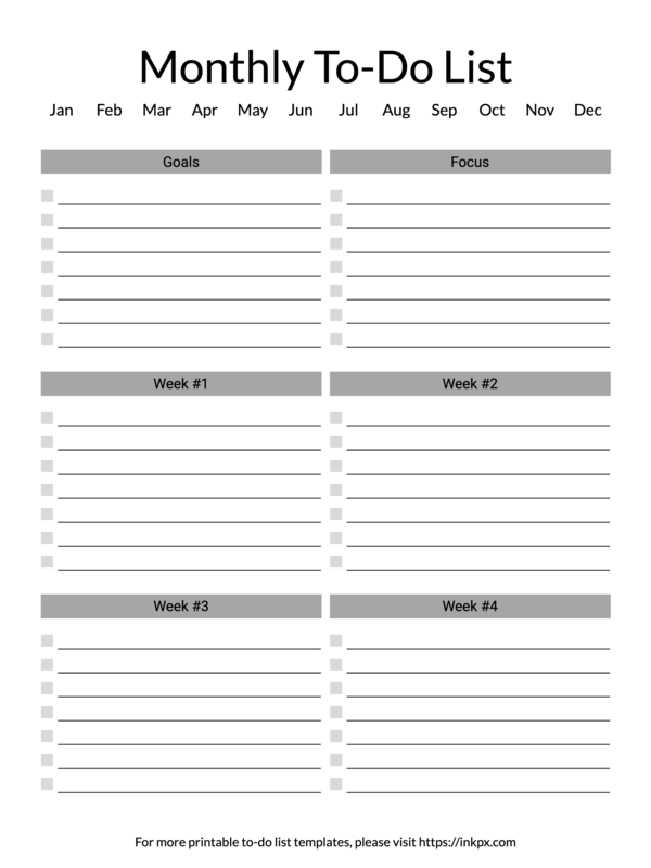 Printable Simple Four Week Style Monthly To Do List Template