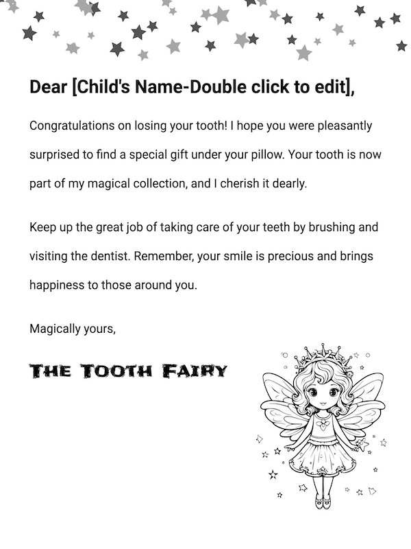 Free Printable Minimalist Black And White Tooth Fairy Letter Template 