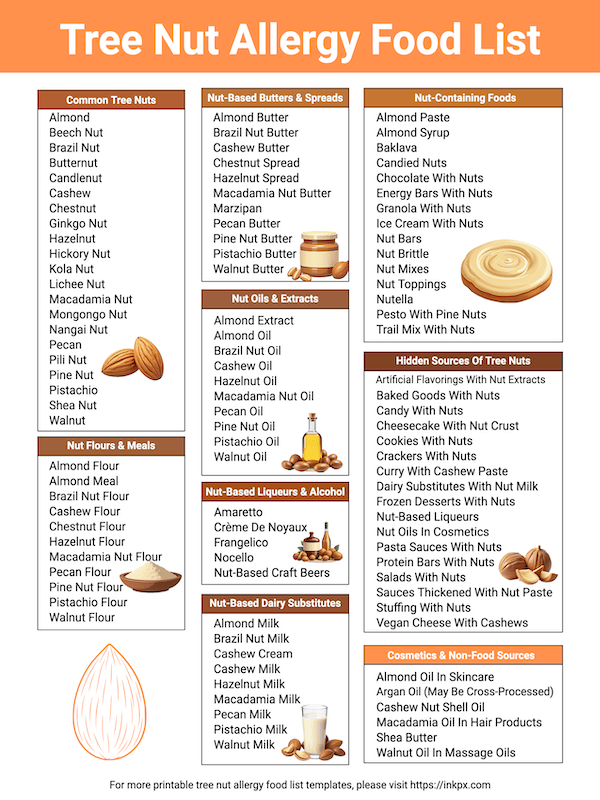 Free Printable Colorful Tree Nut Allergy Food List