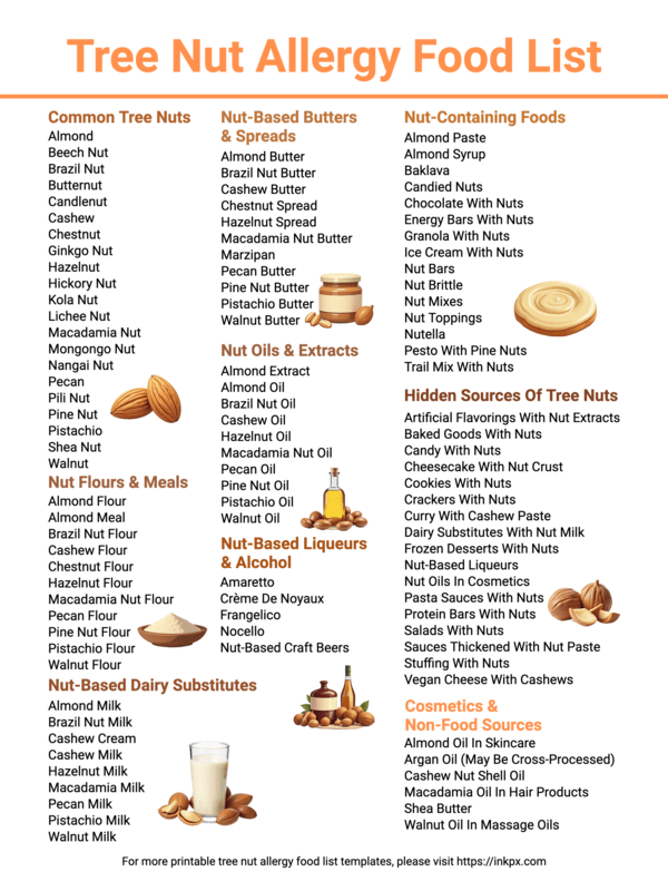 Free Printable Colorful Simple Tree Nut Allergy Food List