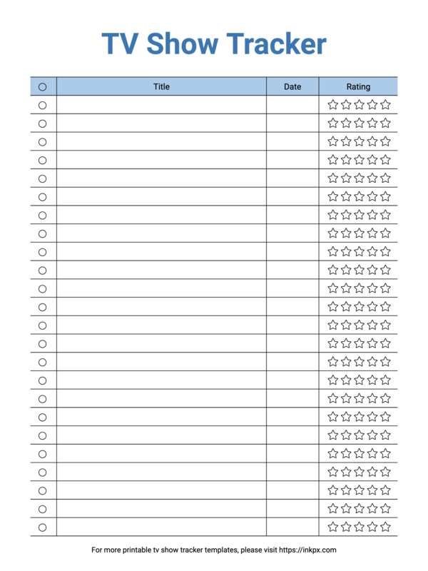 Free Printable Simple Blue Color TV Show Tracker Template
