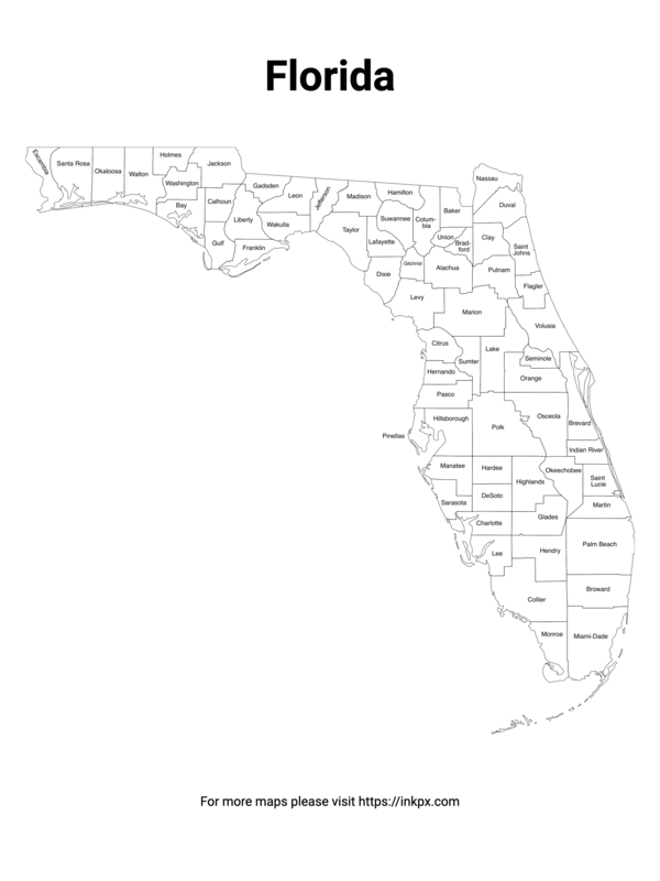 Printable Map of Florida County with Labels · InkPx