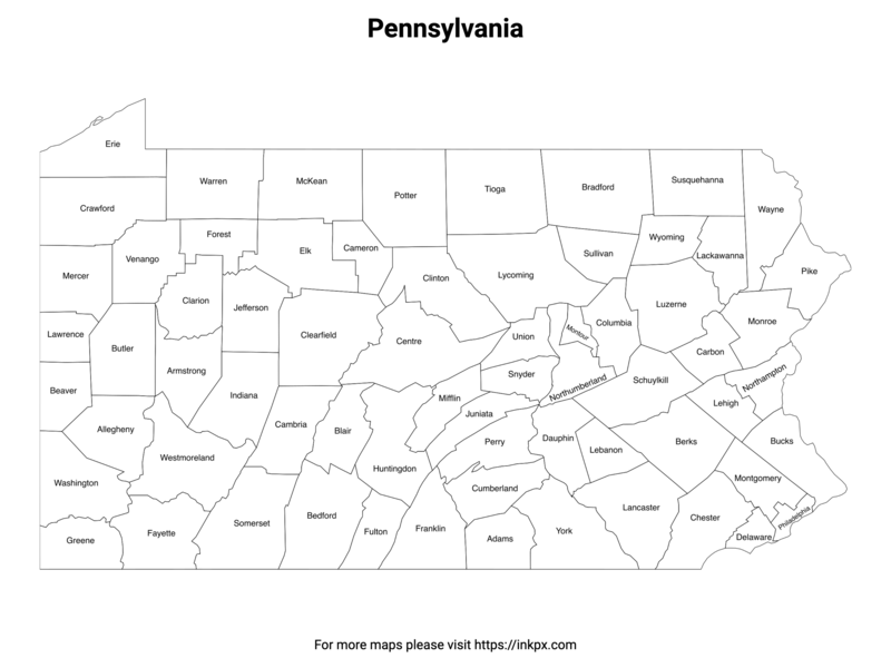 Printable Map of Pennsylvania County with Labels