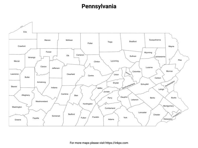 Printable Map of Pennsylvania County with Labels · InkPx