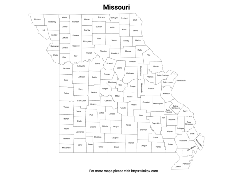 Printable Map of Missouri County with Labels · InkPx