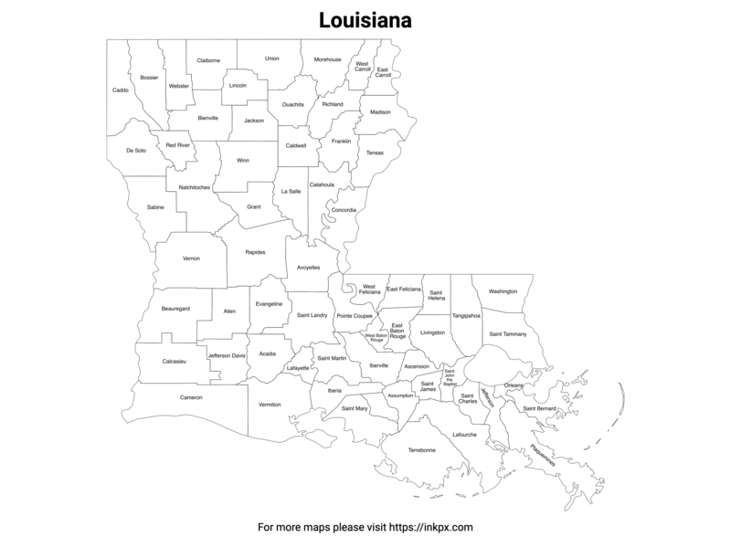 Printable Map of Louisiana County with Labels