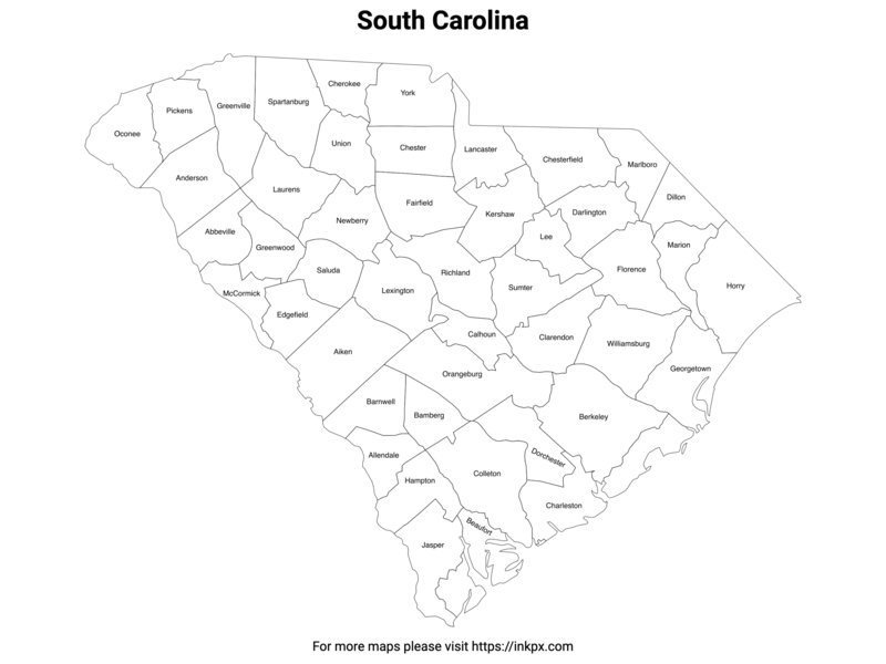 Printable Map of South Carolina County with Labels · InkPx