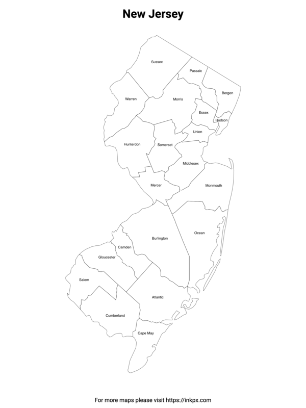 Printable Map of New Jersey County with Labels · InkPx