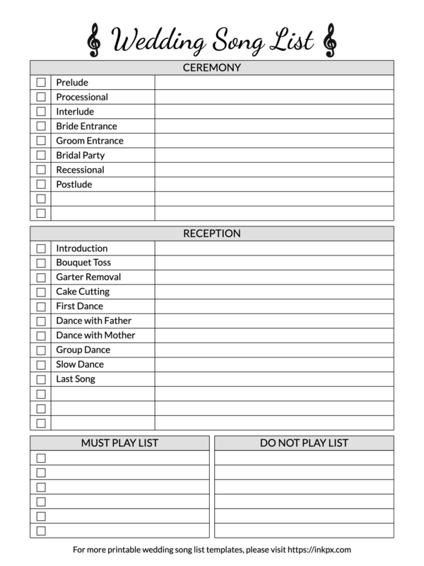 Printable Simple Wedding Song List Template