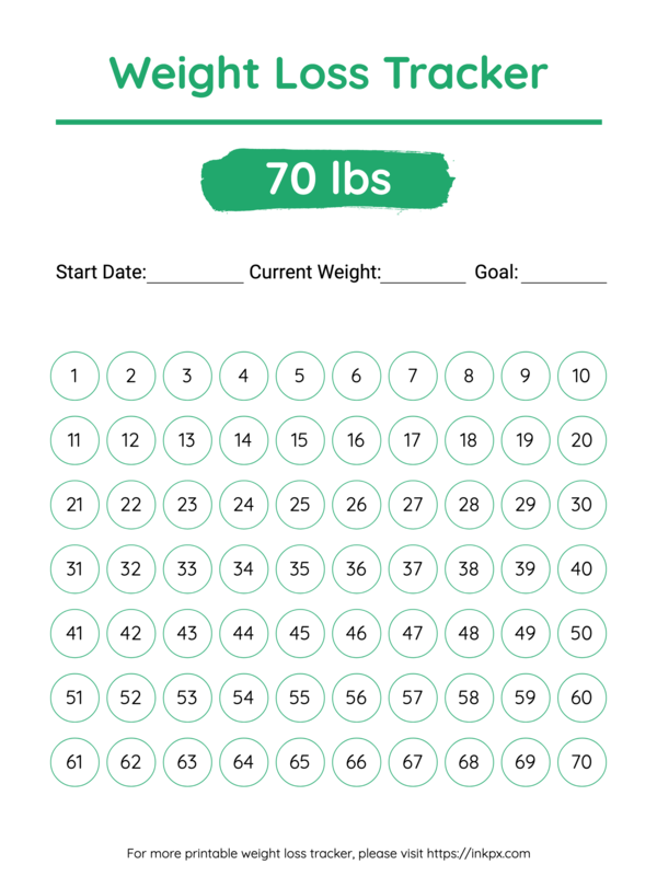 Free Printable Colorful 70 Lbs Visual Weight Loss Tracker · InkPx