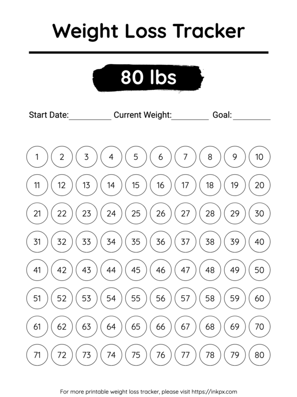 Free Printable Simple 80 Lbs Visual Weight Loss Tracker