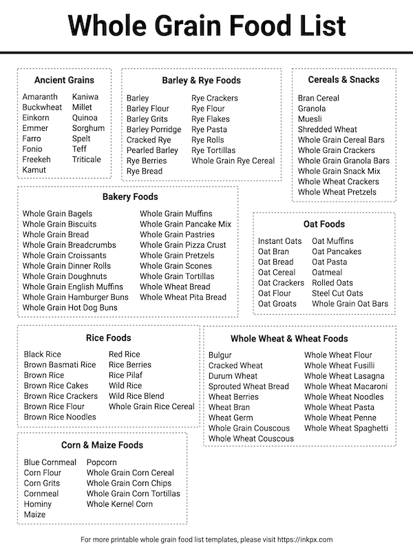Free Printable Simple Whole Grain Food List