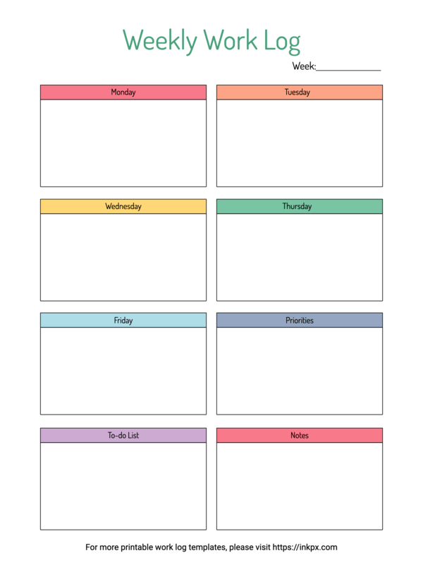 Printable Colorful Weekly Work Log Template