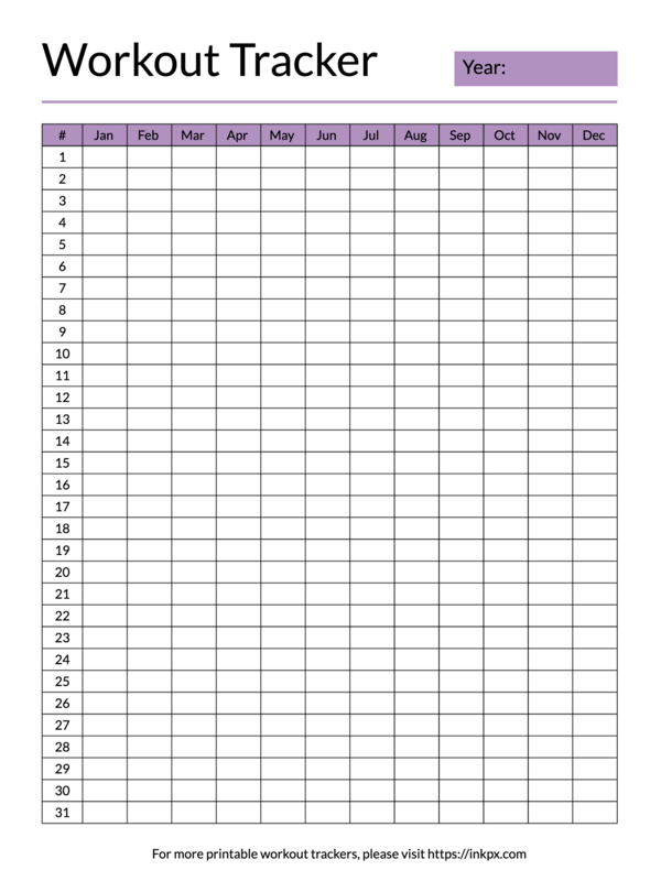 Printable Colorful Table Style Yearly Workout Tracker InkPx