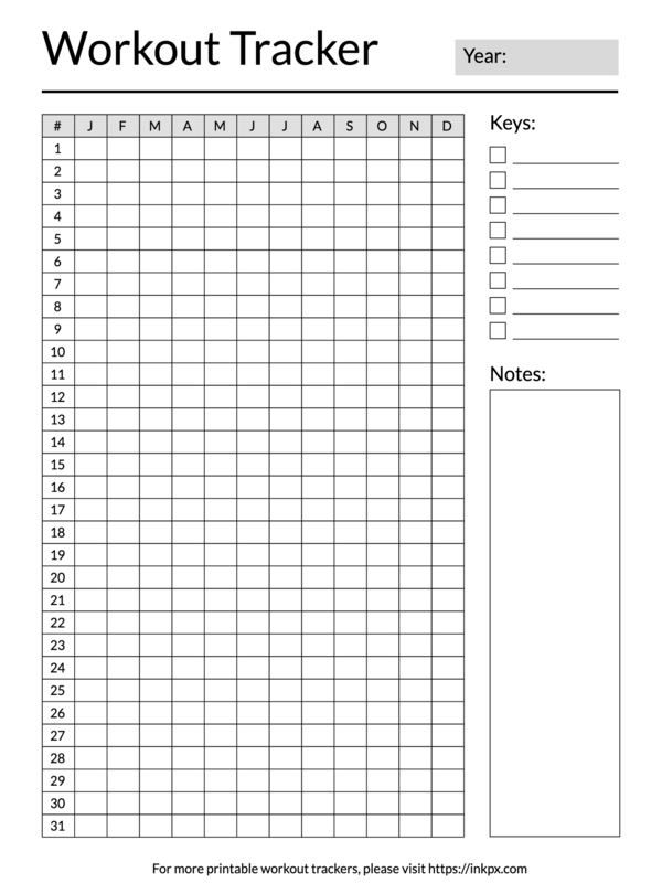 Printable Simple Table Style Yearly Workout Tracker with Keys