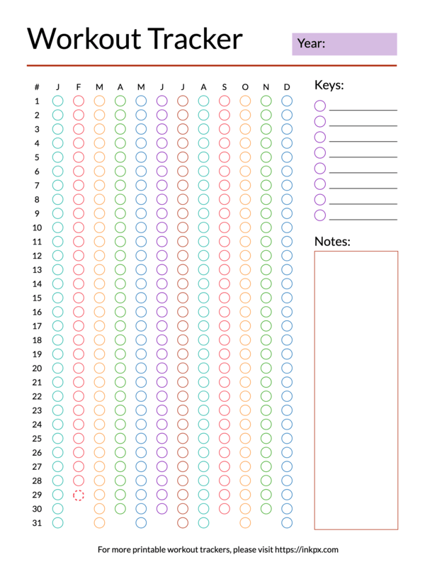 Printable Colorful Checkbox Style Yearly Workout Tracker with Keys