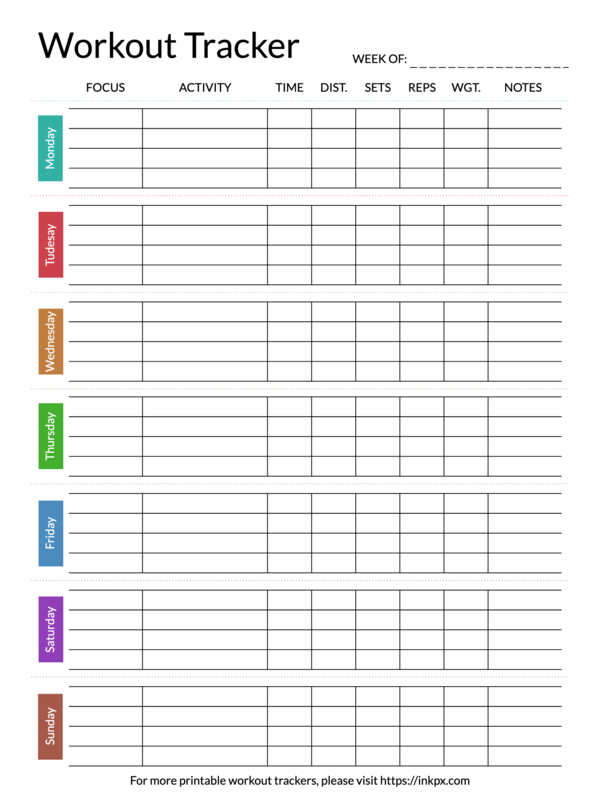 Printable Colorful Open Border Weekly Workout Tracker