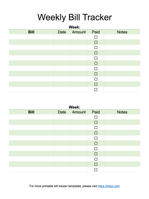 Printable Colored Weekly Bill Tracker Word Template