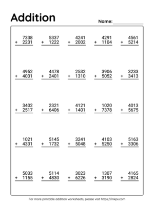 Free Printable 4 Digit Addition Worksheet without Regrouping #3