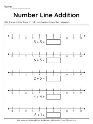 Printable Kindergarten Number Line Addition Worksheet Up to 10
