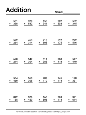 Free Printable 3 Digit Addition Worksheet without Regrouping #3