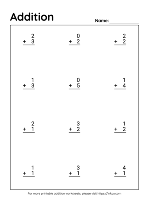 Printable Vertical Kindergarten Addition Worksheet Up to 5(Worksheet #1)