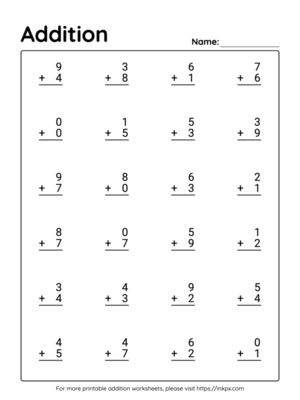 Printable Vertical Kindergarten Addition Worksheet Up to 20(Worksheet#2)