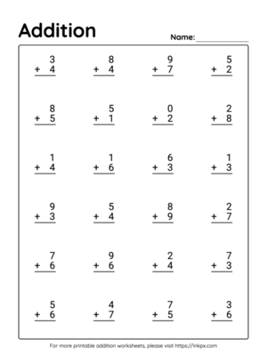Free Printable Vertical Kindergarten Addition Worksheet Up to 20(Worksheet #5)