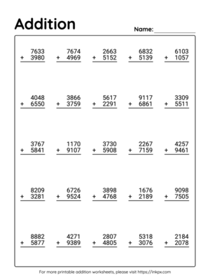 Free Printable 4 Digit Addition Worksheet with Regrouping #2