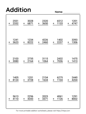 Free Printable 4 Digit Addition Worksheet without Regrouping #1