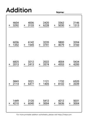 Free Printable 4 Digit Addition Worksheet without Regrouping #5