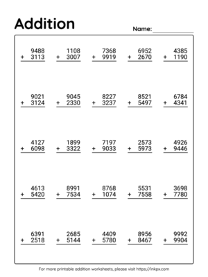 Free Printable 4 Digit Addition Worksheet with Regrouping #4