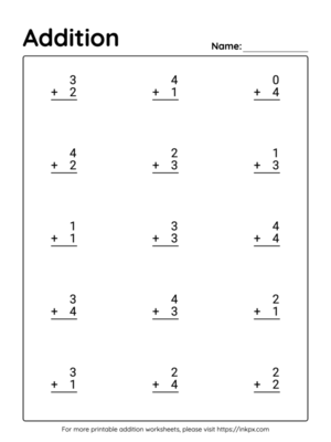 Free Printable Vertical Kindergarten Addition Worksheet Up to 10(Worksheet #1)