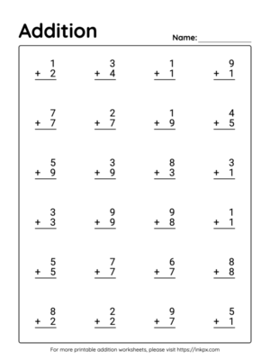 Printable Vertical Kindergarten Addition Worksheet Up to 20(Worksheet#1)