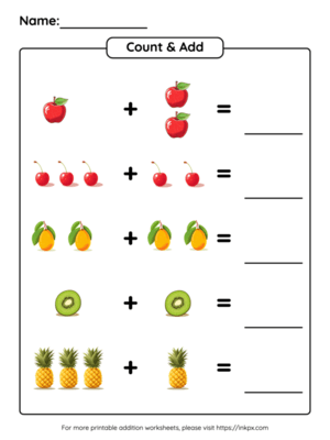 Printable Kindergarten Fruits Picture Count & Add Addition Worksheet