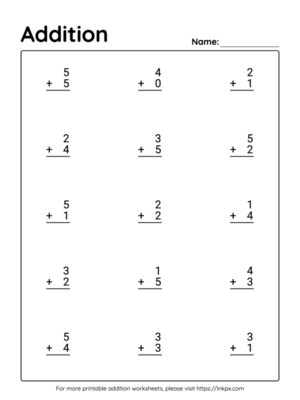 Printable Vertical Kindergarten Addition Worksheet Up to 10(Worksheet #3)