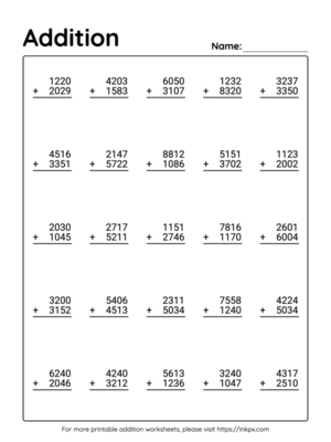 Free Printable 4 Digit Addition Worksheet without Regrouping #2